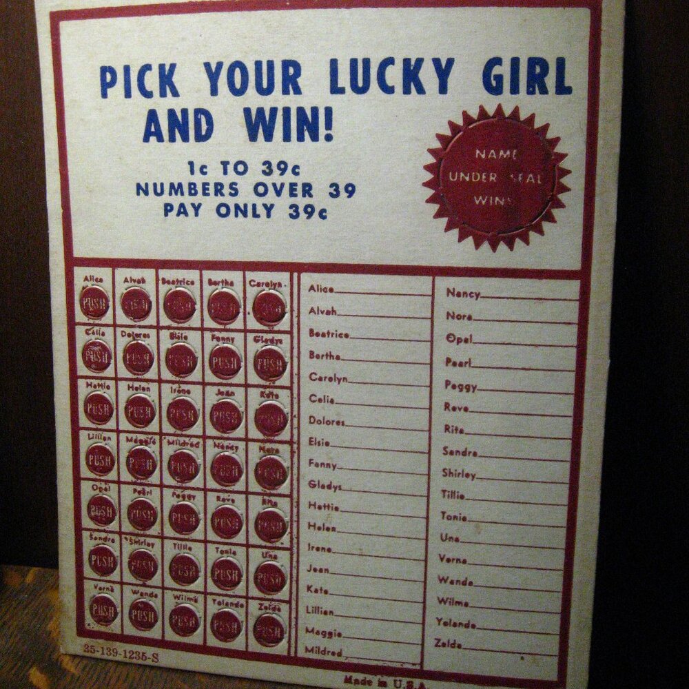 Lucky Girl 1950's Vintage Punch Card Lottery Chance Game